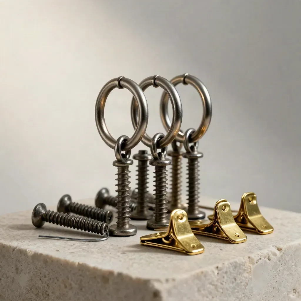 Gallery hanging hardware arranged on pale stone under directional light, brass and steel close-up.