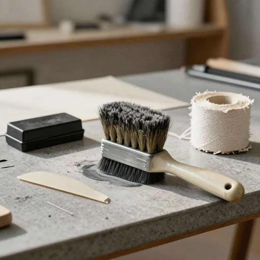Macro of conservation tools on stone, dust lifting in sharp side light