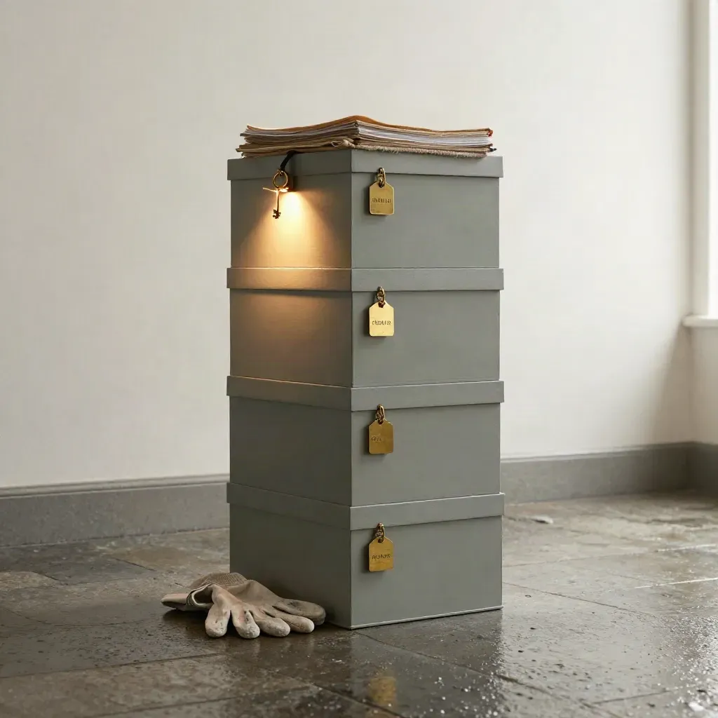 Low heroic art-archive stack with acid-free boxes, brass tags, provenance folio and gloves.