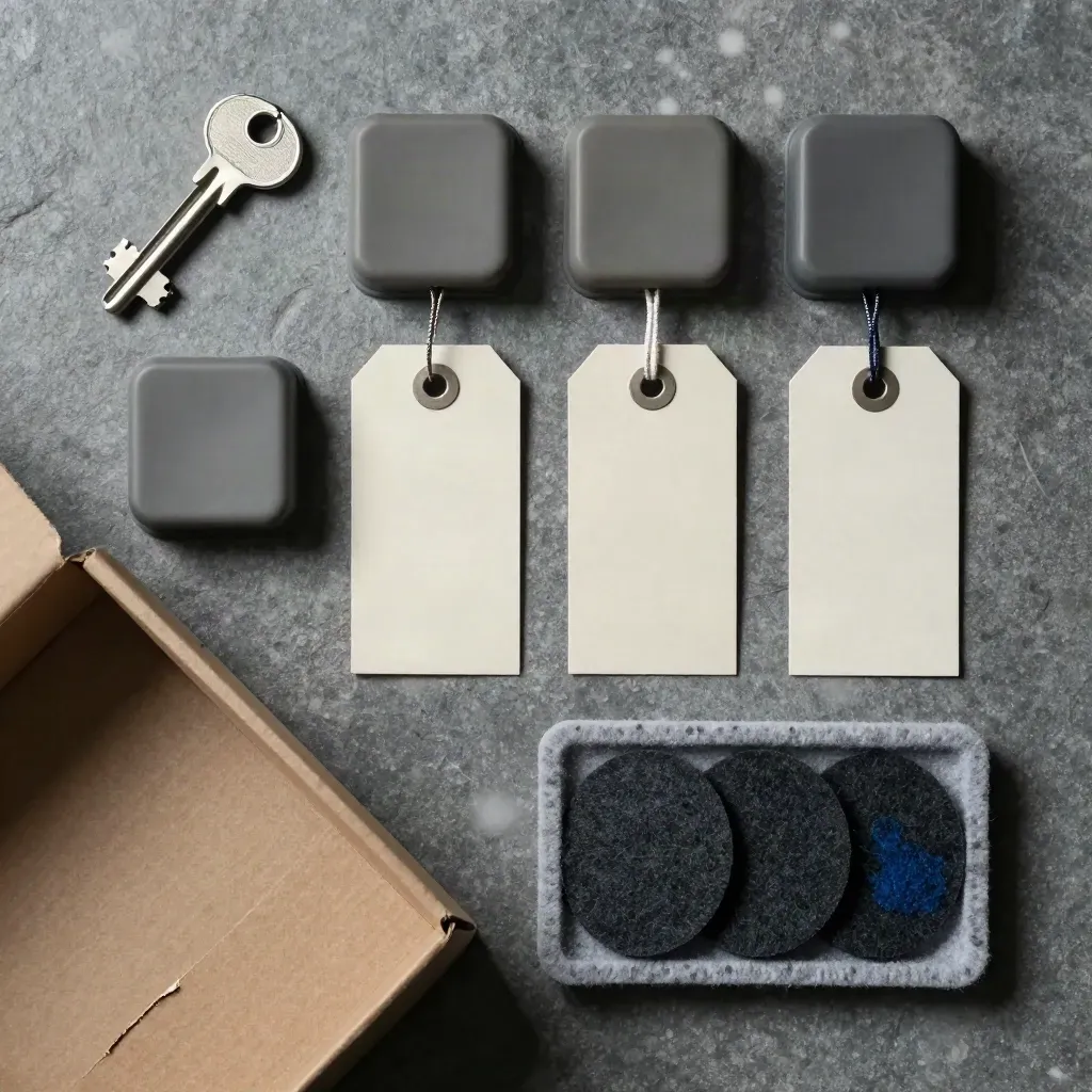 Top-down still life of frame-shop hardware kit on stone with one opened box