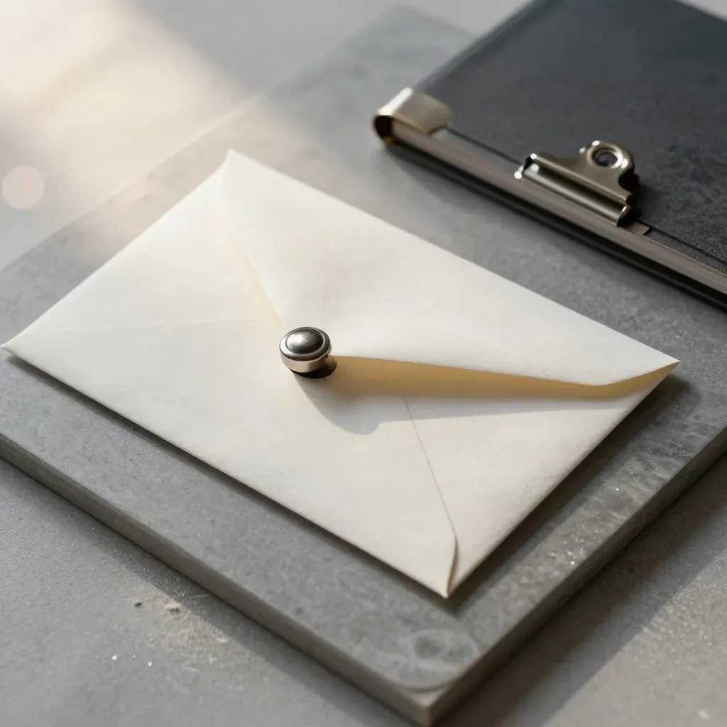 Auction archive still life with sealed envelope, lot card, clip and folder on pewter stone.