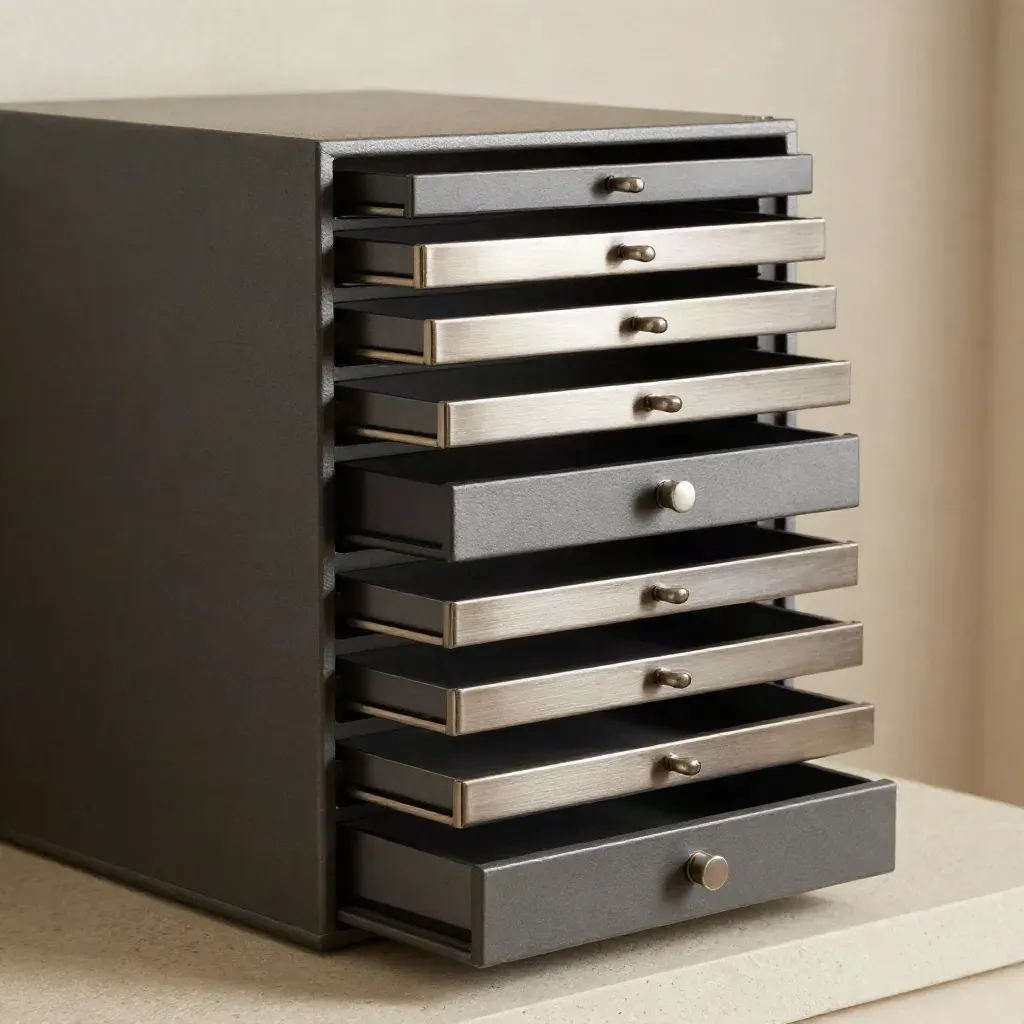 Stacked archive drawers with blank edge tabs, lit from the upper left on a pale stone plinth.