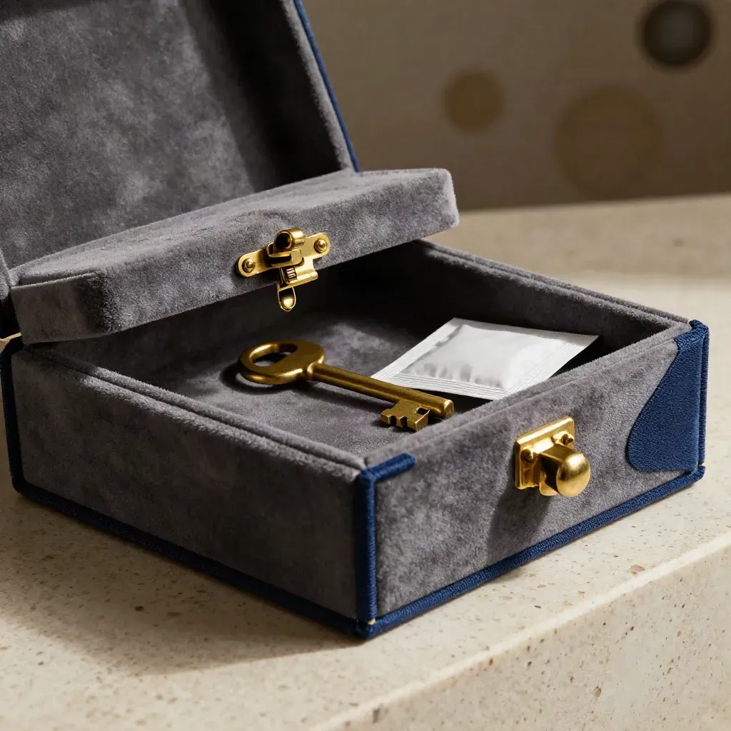 Velvet-lined box with brass key, silica packet and padded corner guard on stone