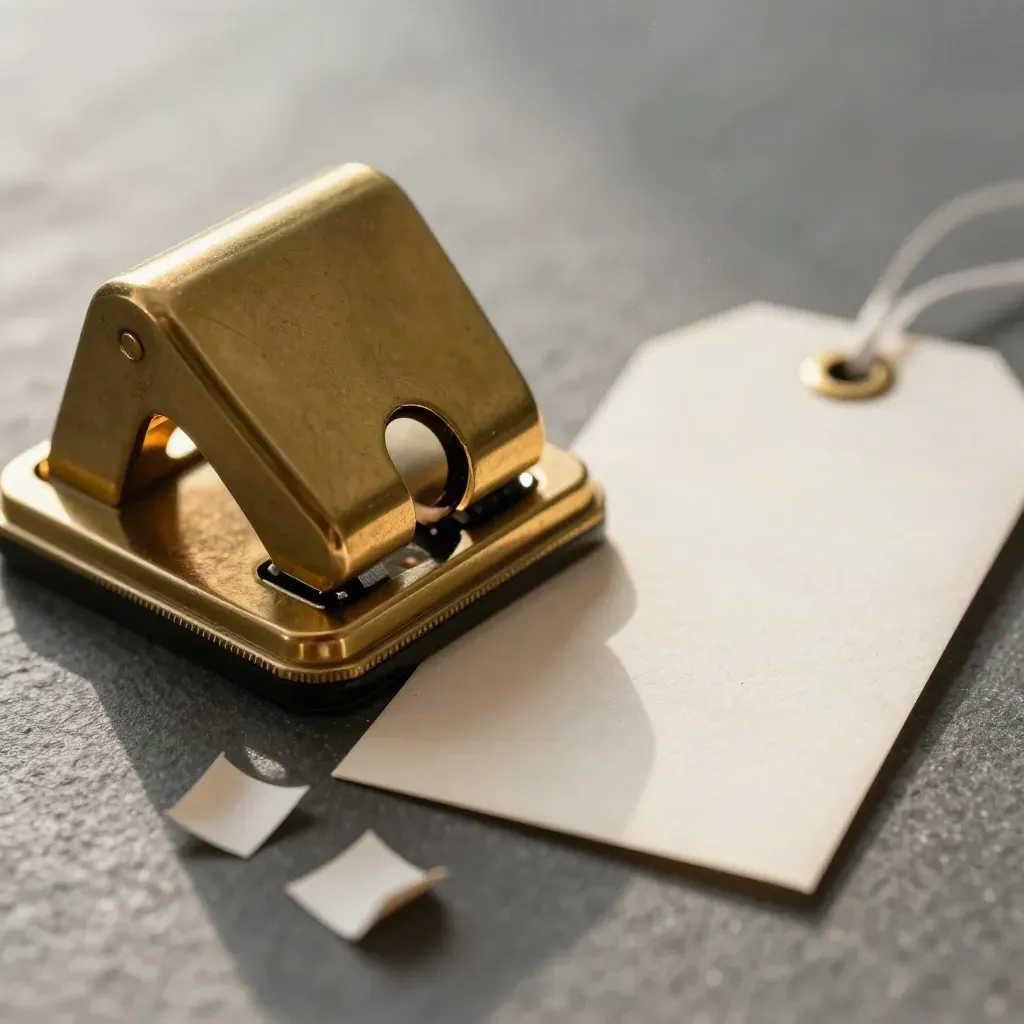 Brass label punch beside blank cream accession tags and paper offcuts on graphite stone