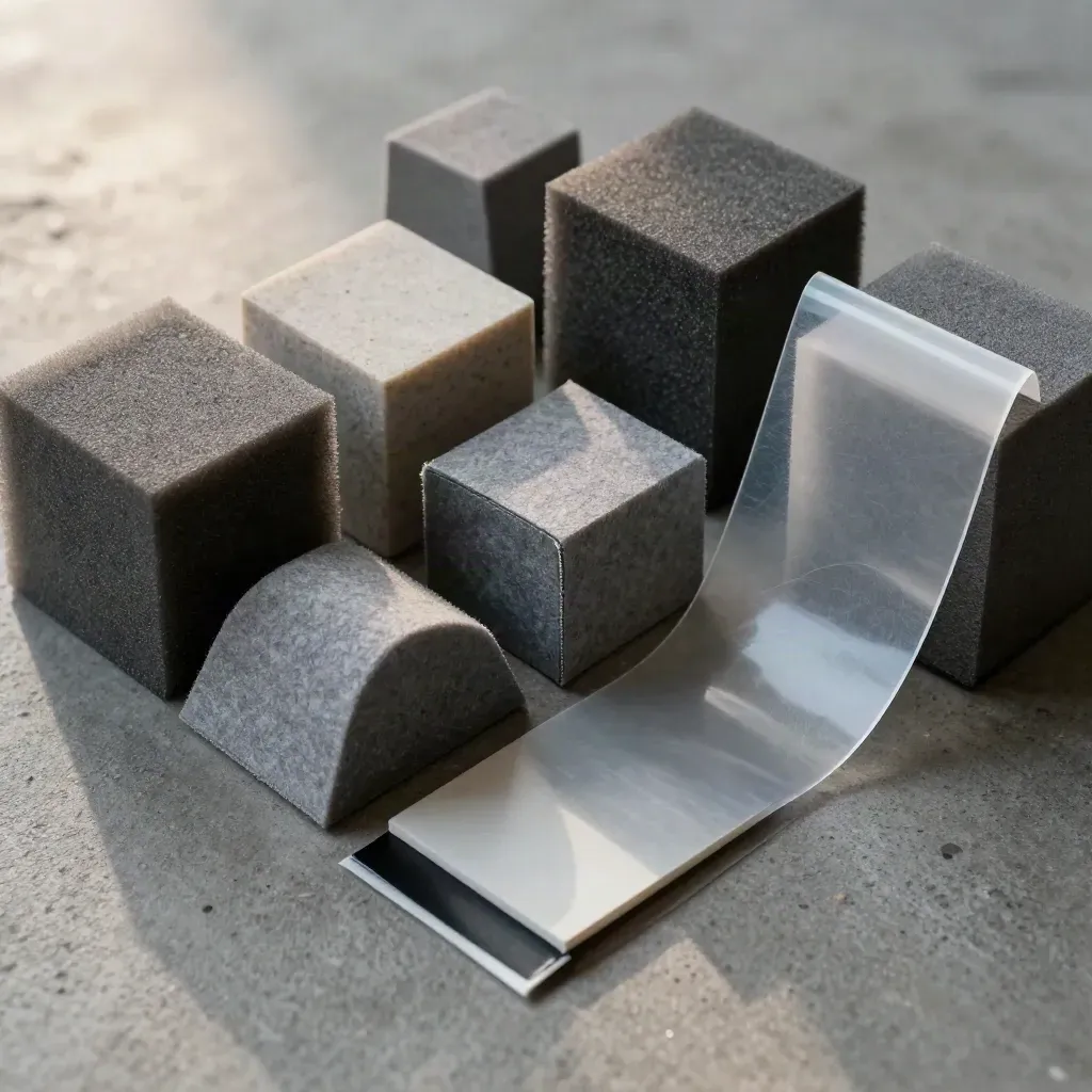 Macro museum loan packing supports: foam blocks, glassine sleeve and taped spacer on concrete.