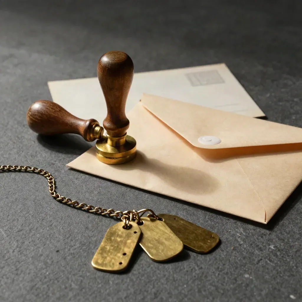 Brass wax seal stamp, sealed buff envelope and linked object tags on graphite stone in dramatic light