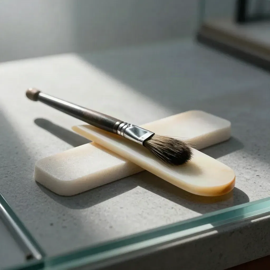 Museum conservation tools on a glass-edged table: bone folder, brush, and foam wedge in cool studio light.