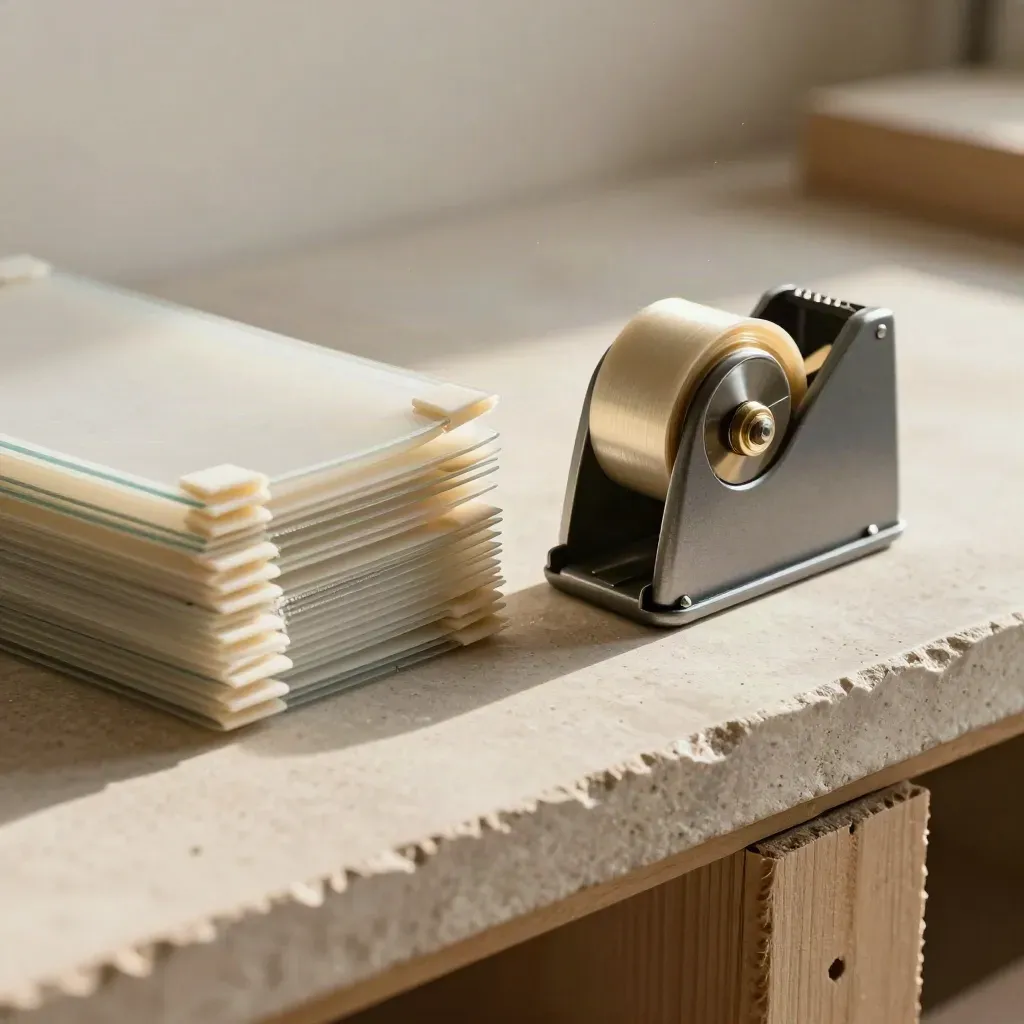 Macro still life of glassine sheets, corner protectors and a tape dispenser on a packing bench