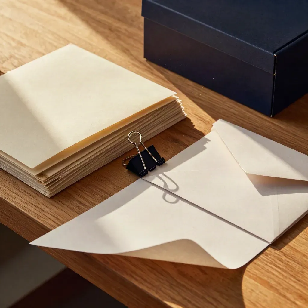 Archival sleeves, proof envelopes and box on oak with a curled paper edge and cobalt accent.