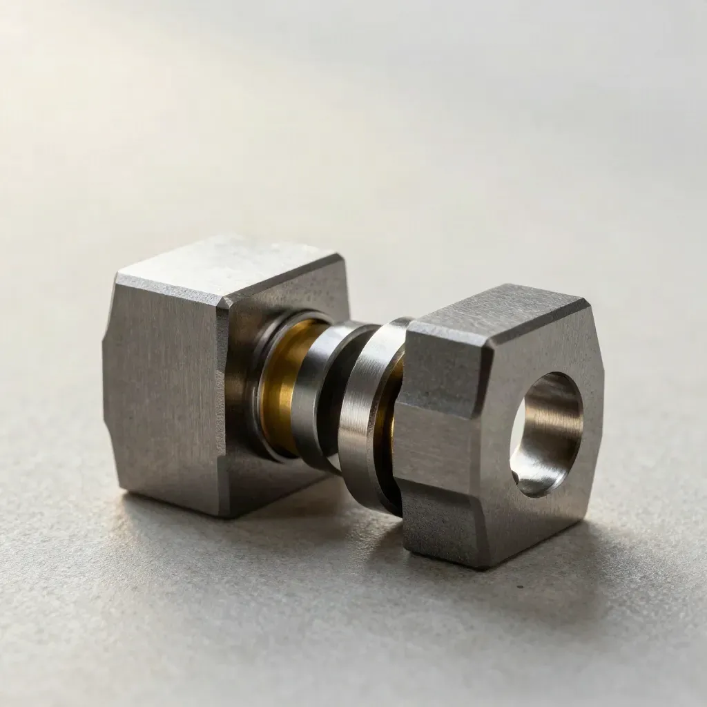 Top-down macro of linked machined connector blocks and a brass-ring spacer on pale stone.