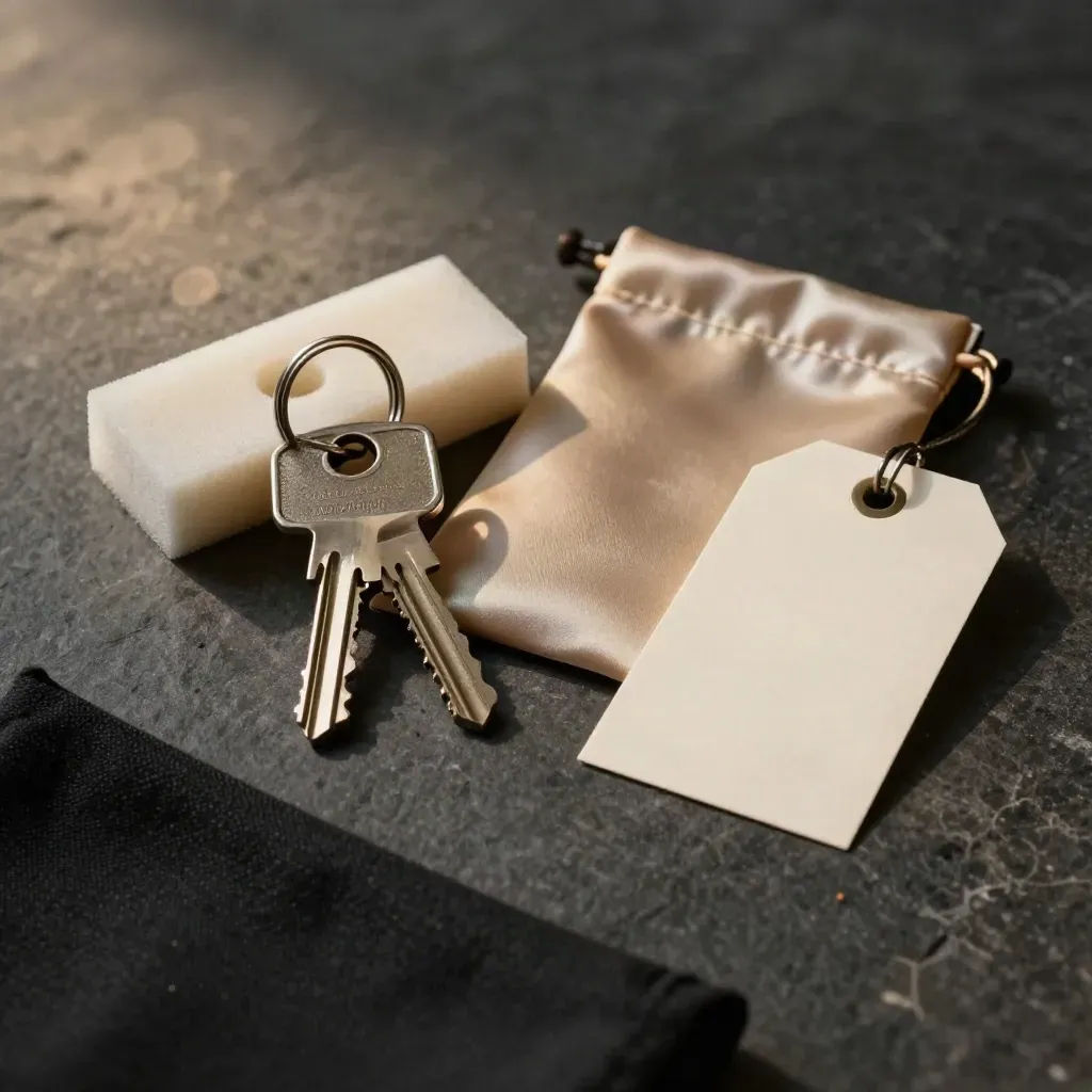 Museum loan essentials laid out on charcoal stone: keys, spacer, pouch and blank tag in dramatic light.