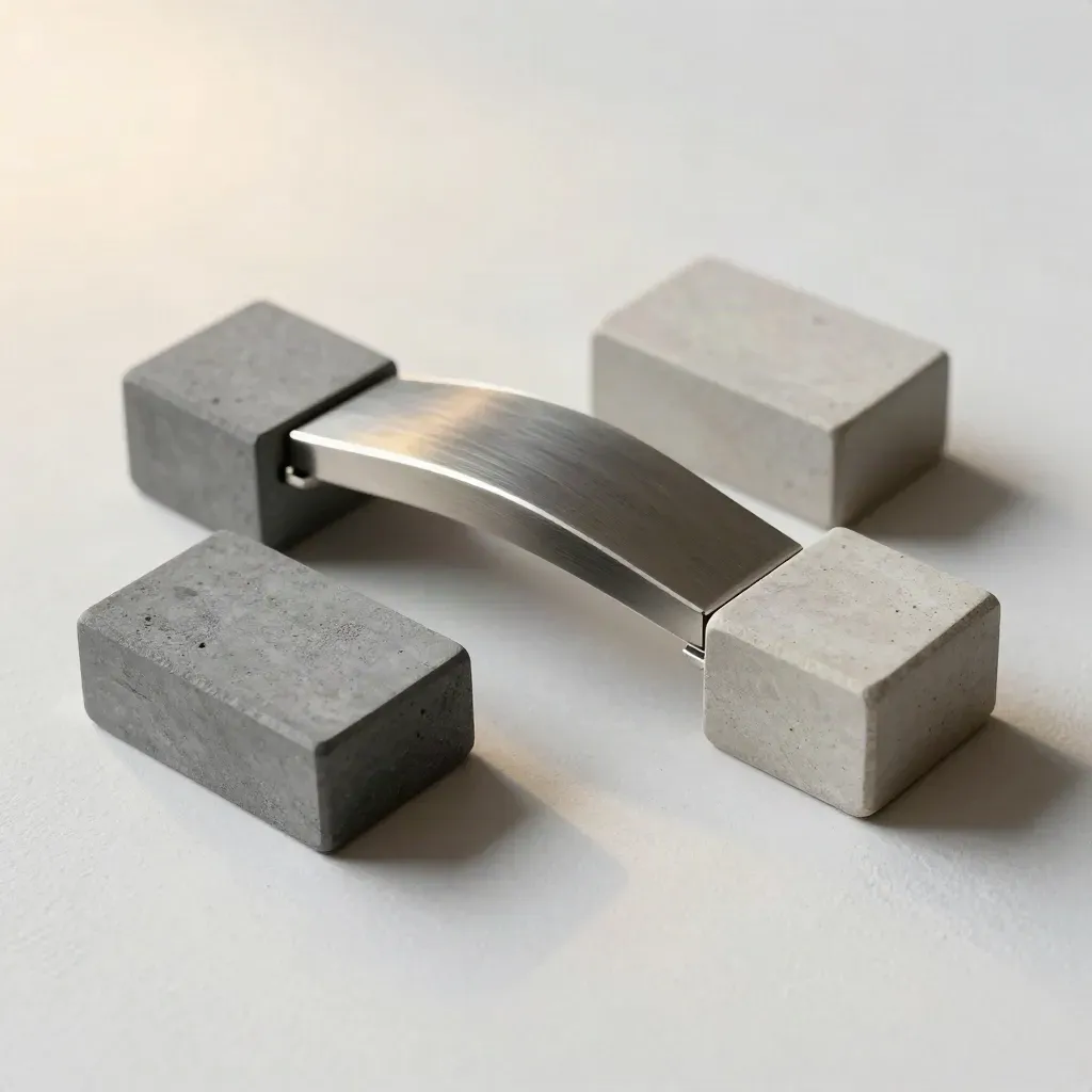 Top-down still life of modular graphite blocks, bridge piece, and corner clips on pale stone.
