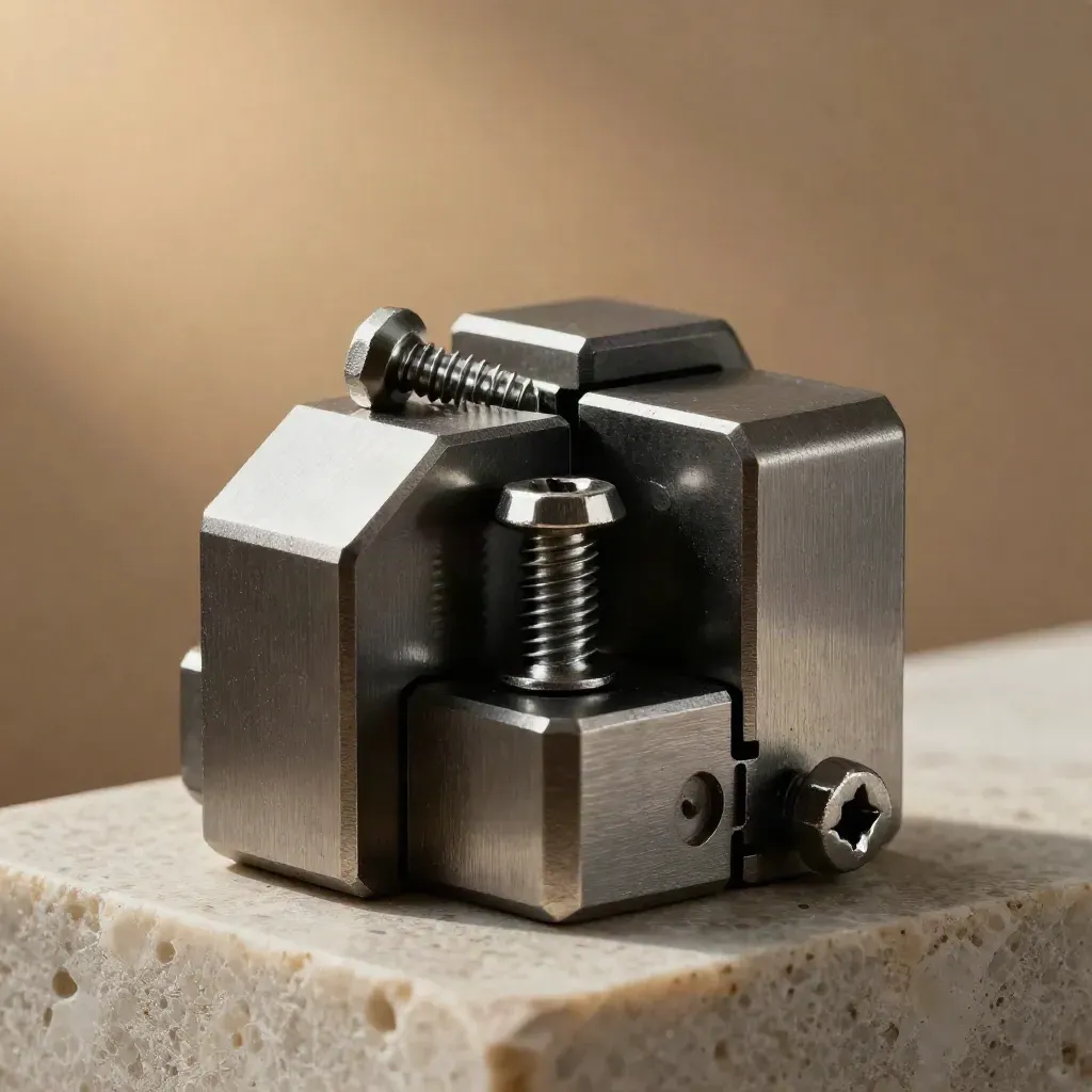 Matte steel connectors and screws nested on limestone under dramatic studio light.