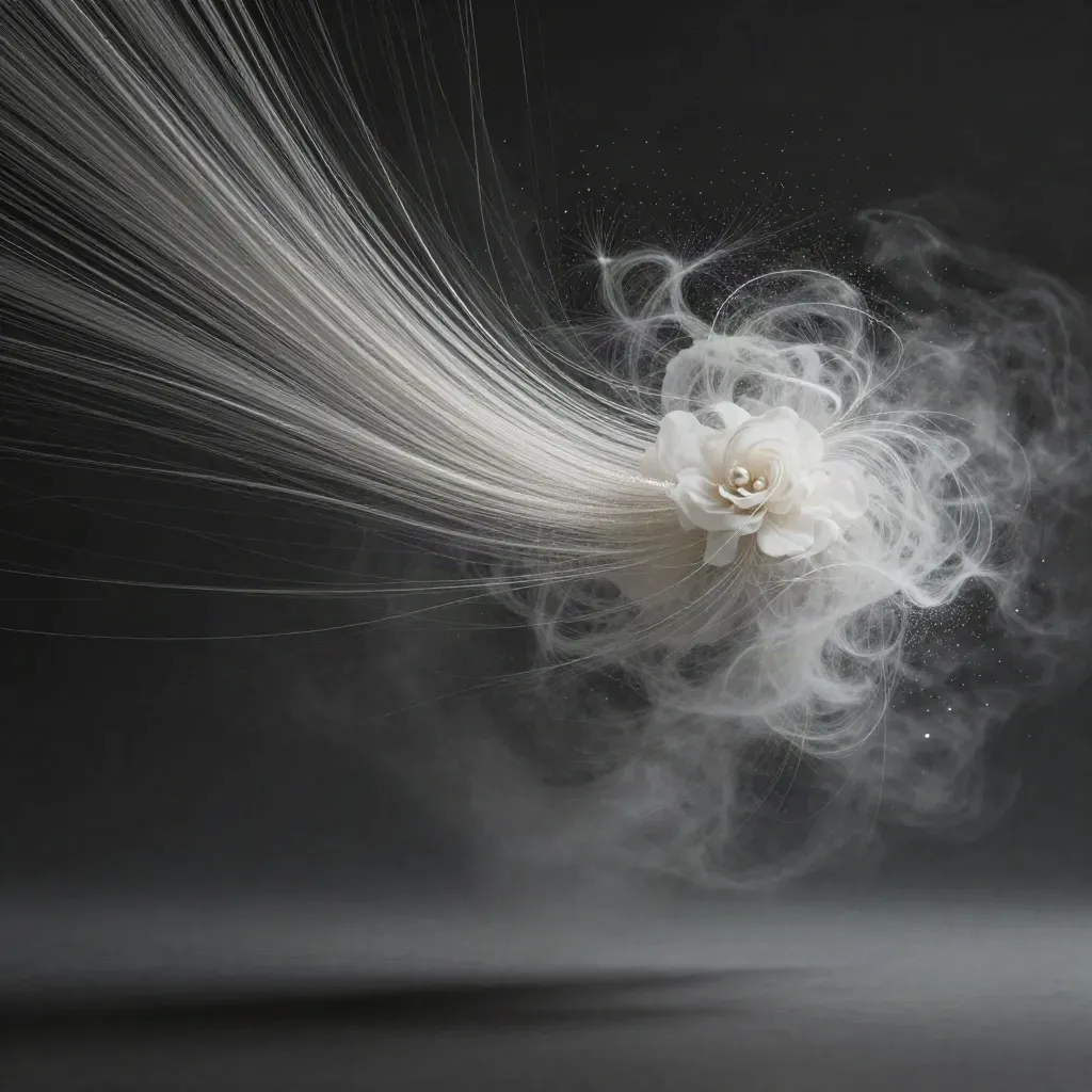 Silver filaments converge into a soft off-centre bloom in dark haze.
