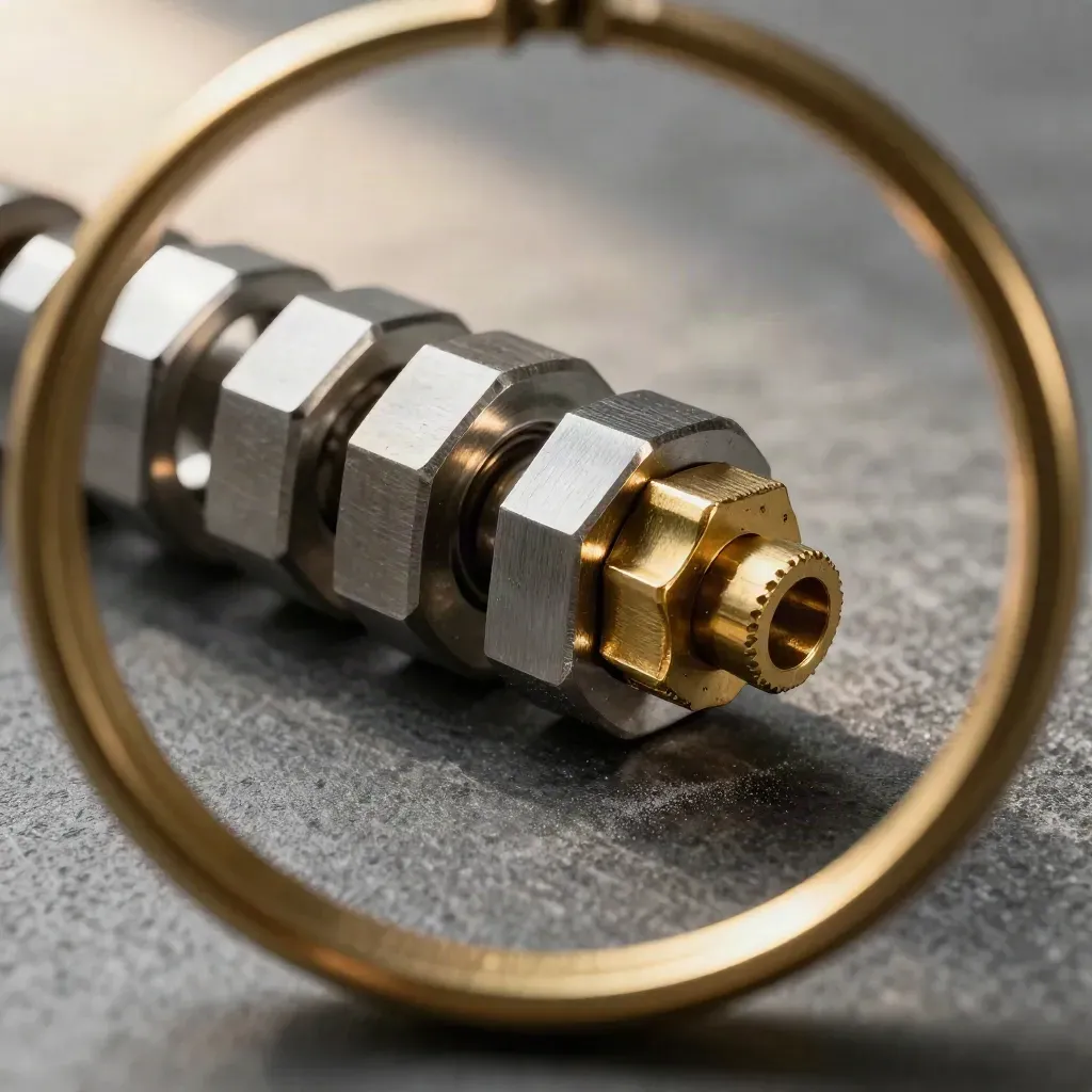 Linked metal rings, calibration blocks and a brass connector on a graphite stone surface.